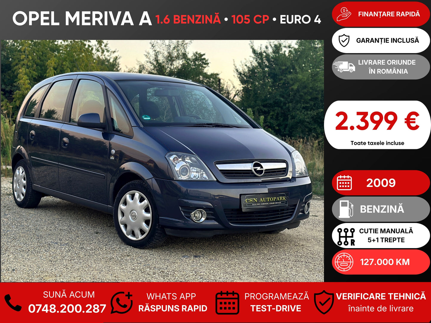 Opel Meriva A 1.6i • 2009 • Benzină • 105 CP • Euro 4 • Rate fixe • Garanție • Livrare Gratuită