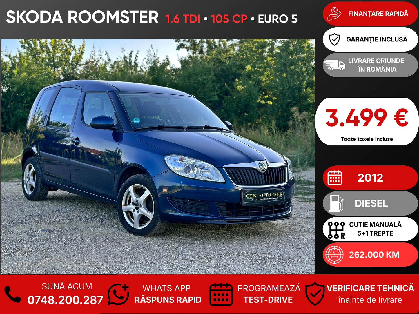 Skoda Roomster 1.6 TDI • 2012 • Diesel • 105 CP • Euro 5 • Rate fixe • Garanție • Livrare Gratuită