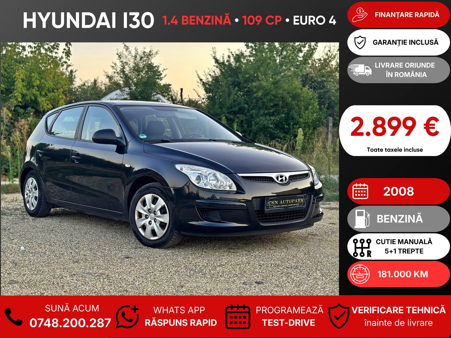 Hyundai I30 1.4i • 2008 • Benzină • 109 CP • Euro 4 • Rate fixe • Garanție • Livrare Gratuită