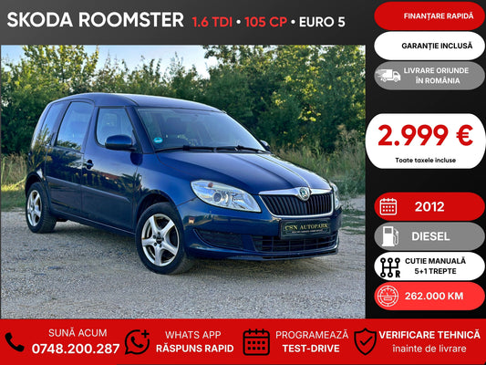 Skoda Roomster 1.6 TDI • 2012 • Diesel • 105 CP • Euro 5 • Rate fixe • Garanție • Livrare Gratuită